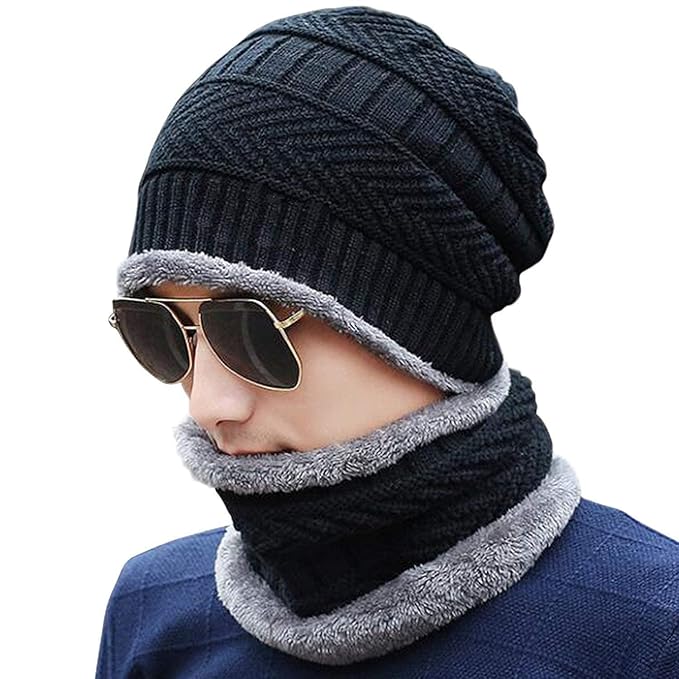 Woolen Winter Cap Beanie Hat with Neck Warmer Set (Multicolor, Set of 1) 18277