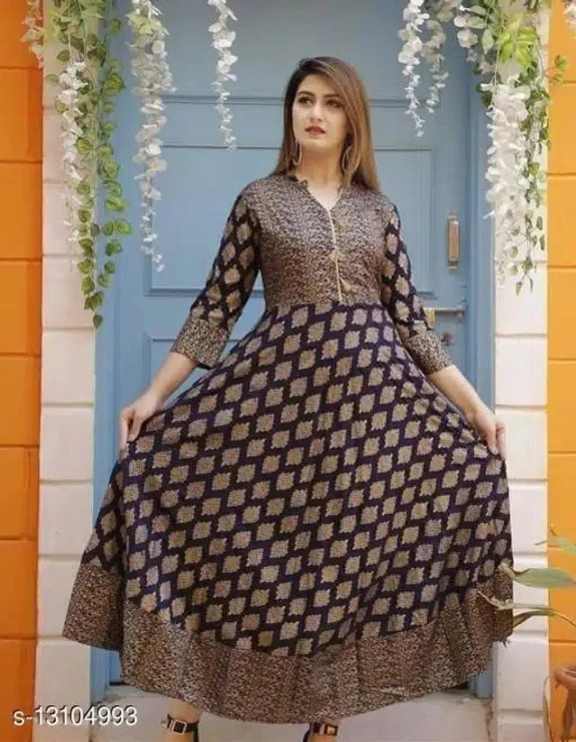 Rayon Printed Anarkali Kurti for Women (Navy Blue, S) 14048