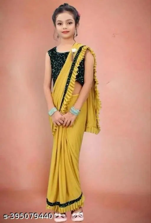 Lycra Solid Saree for Girls (Mustard, 5-6 Years) 18624