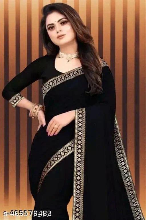 Lycra Blend Solid Saree for Women (Black, 6.3 m) 6706