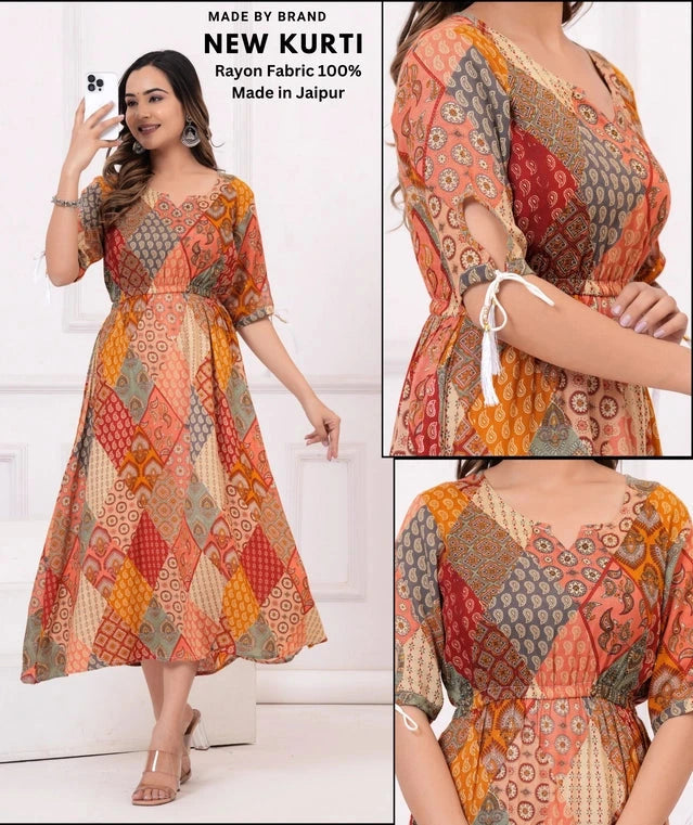 Rayon Printed Anarkali Kurti for Women (Multicolor, XS) 13975