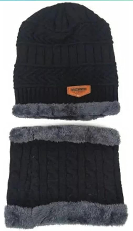 Woolen Winter Cap Beanie Hat with Neck Warmer Set (Multicolor, Set of 1) 18277