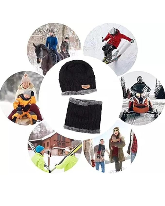 Woolen Winter Cap Beanie Hat with Neck Warmer Set (Multicolor, Set of 1) 18277