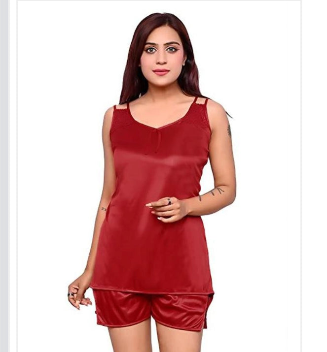 Satin Nightdress Set for Women (Red, M) 16822