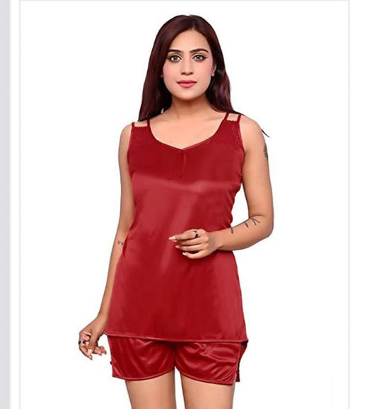 Satin Nightdress Set for Women (Red, M) 16822