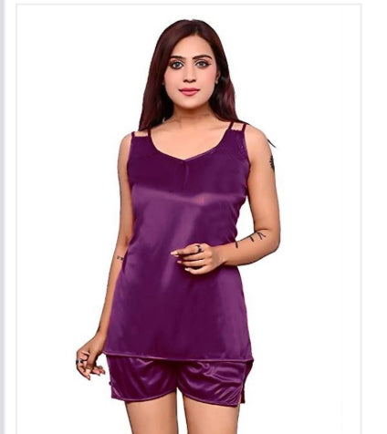 Satin Nightdress Set for Women (Purple, M) 16822