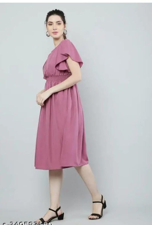 Women Pink Solid Viscose Rayon Fit And Flair Dress 19199
