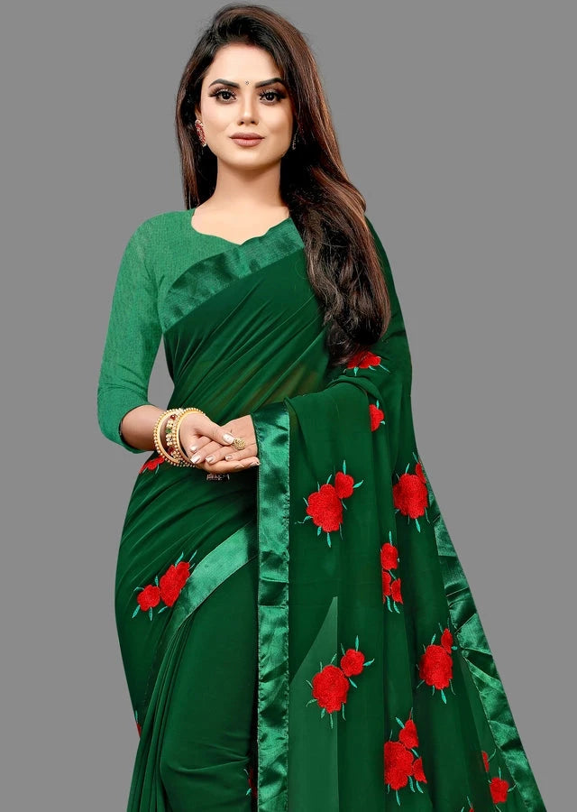 Georgette Embroidered Saree for Women (Bottle Green, 6.3 m) 6246
