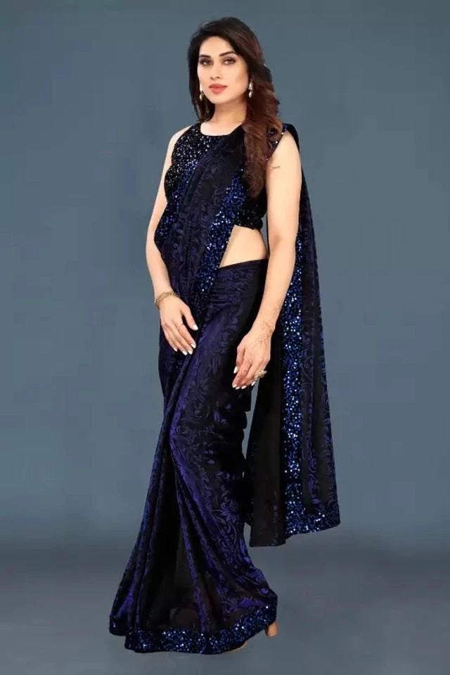 Lycra Blend Solid Saree for Women (Navy Blue, 6.3 m) 6706
