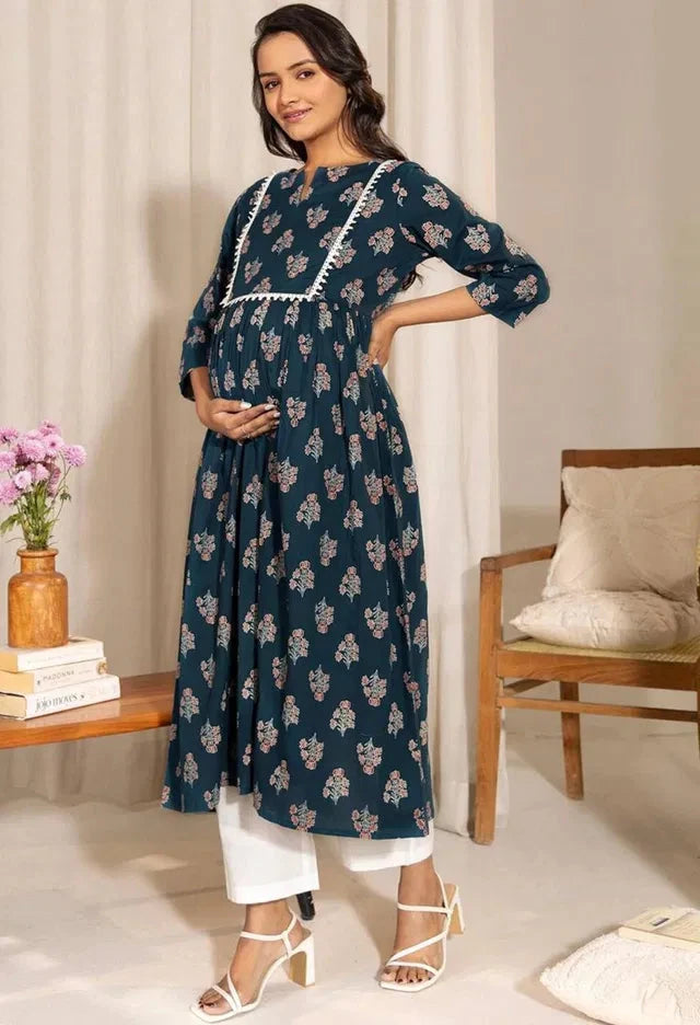 Floral Printed Notch Neck A-Line Maternity Kurta 13374