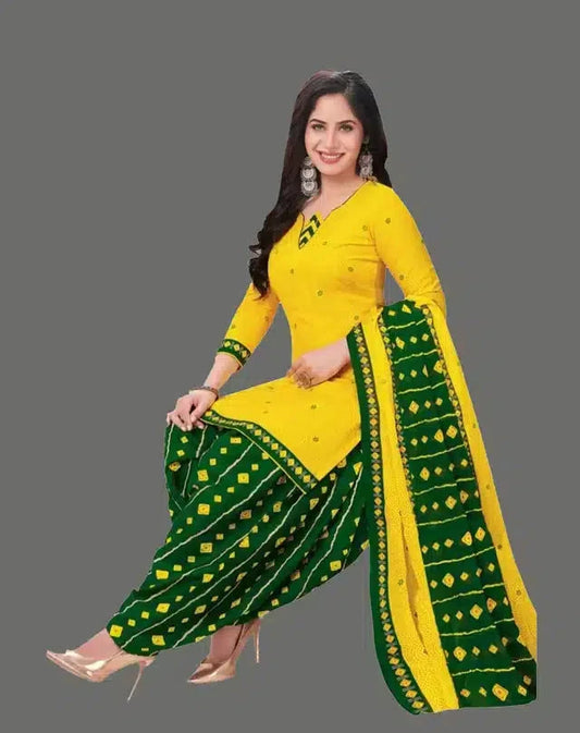 Crepe Printed Dress Material for Women & Girls (Yellow & Green) 9444