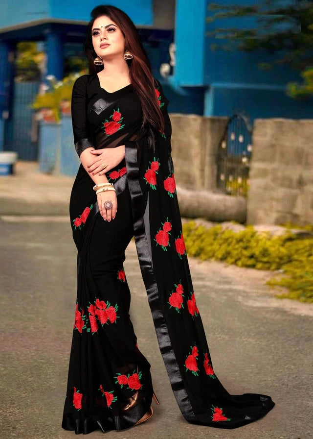 Georgette Embroidered Saree for Women (Bottle Green, 6.3 m) 6246