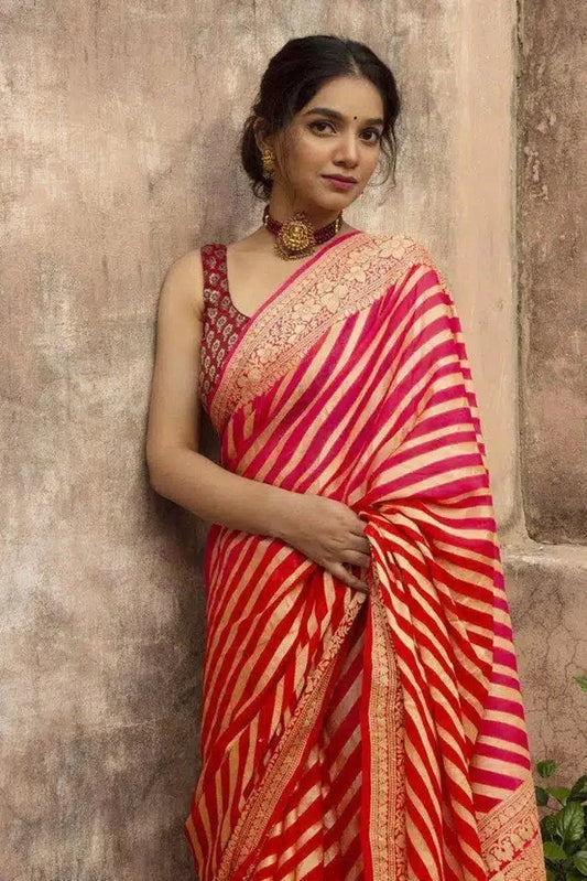 Jacquard Striped Saree for Women (Red, 6.3 m) 6706