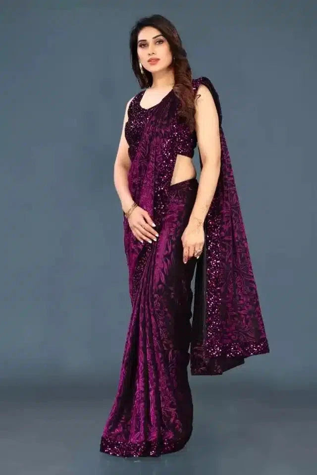 Lycra Sequence Saree for Women (Purple, 6.3 m) 6706