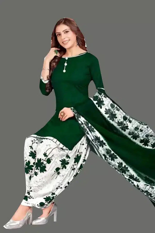 Crepe Printed Dress Material for Women & Girls (White & Green) 9444