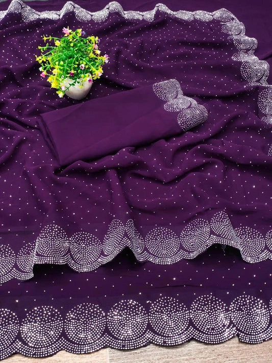 Georgette Embellished Saree for Women (Navy Blue, 6.3 m) 6706