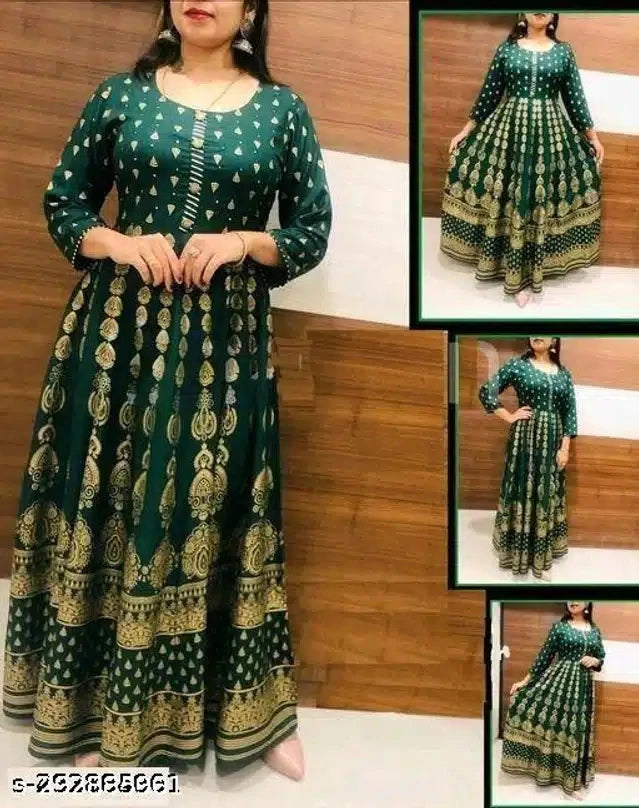 Anarkali Rayon Printed Kurti for Women (Bottle Green & Gold, M) 13975