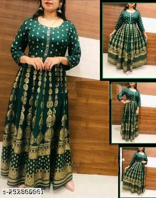 Anarkali Rayon Printed Kurti for Women (Bottle Green & Gold, M) 13975