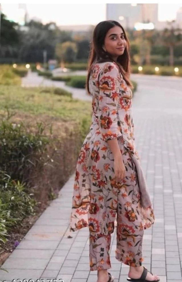 Cotton Printed Kurti with Pant for Women (Multicolor, S) 6246