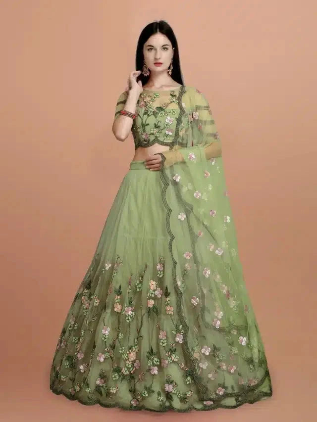 Net Embroidred Semi Stiched Lehenga Choli for Women (Green) 15801