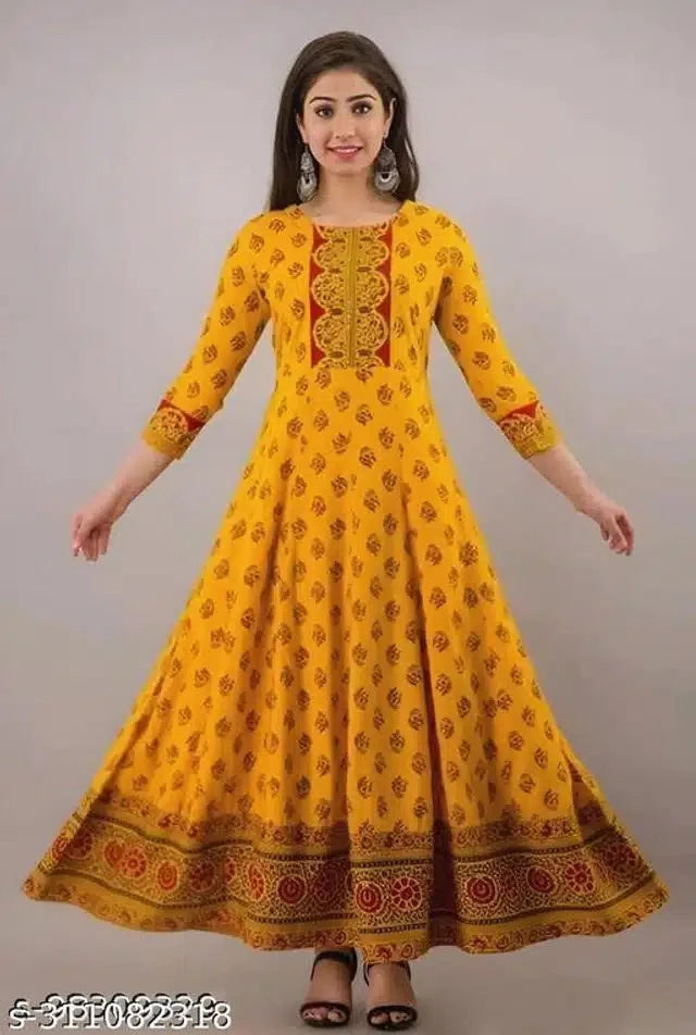 Anarkali Rayon Printed Kurti for Women (Orange, S) 13975