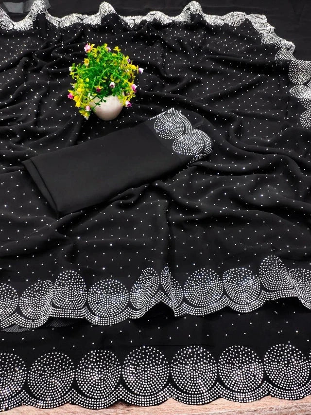 Georgette Embellished Saree for Women (Navy Blue, 6.3 m) 6706