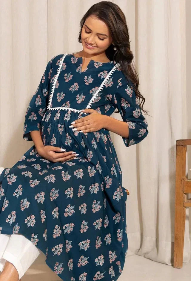 Floral Printed Notch Neck A-Line Maternity Kurta 13374