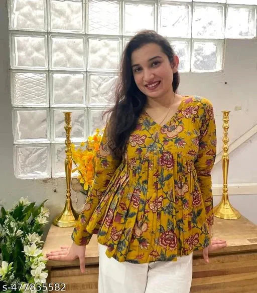 Floral Vibe Mustard Empire Top Stylish & Comfortable Daily Wear 13374