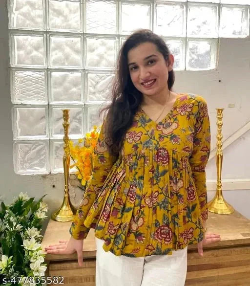 Floral Vibe Mustard Empire Top Stylish & Comfortable Daily Wear 13374