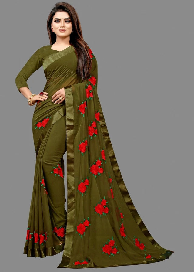 Georgette Embroidered Saree for Women (Bottle Green, 6.3 m) 6246