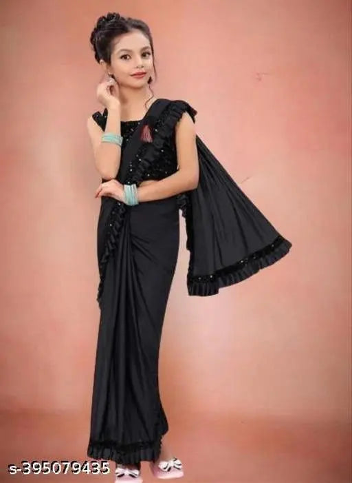 Lycra Solid Saree for Girls (Black, 3-4 Years) 18624