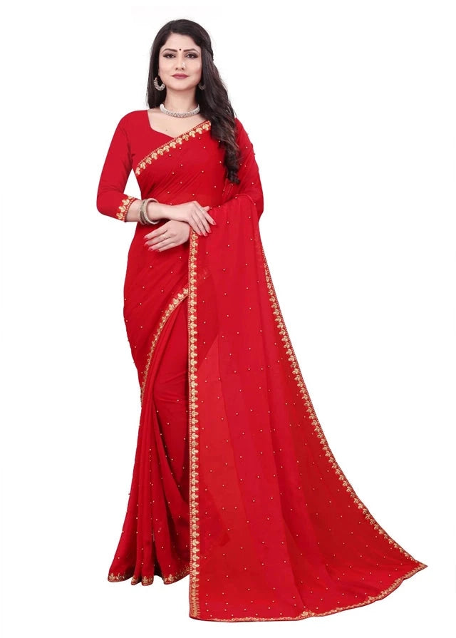 Lycra Blend Solid Saree for Women (Red, 6.3 m) 6706